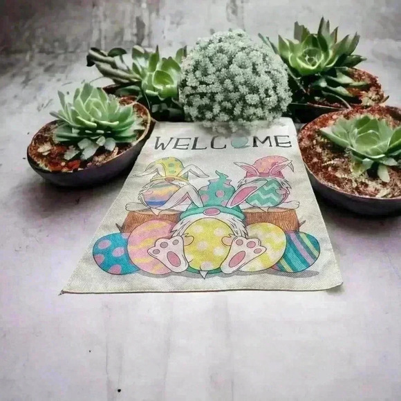 Adorable gnome-themes Easter decor.  Three gnomes and a 9 by 12 garden flag - Picture 9 of 10